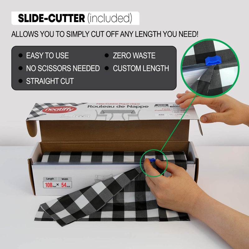 Neatiffy Disposable Plastic Table Cloth Roll | 54 in x 108 Ft Waterproof Tablecloth | Table Cover for Rectangle, Square, Round Oval Tables | Picnic, Party, Banquet, Birthdays, Weddings, BlackCheckered - Image 3